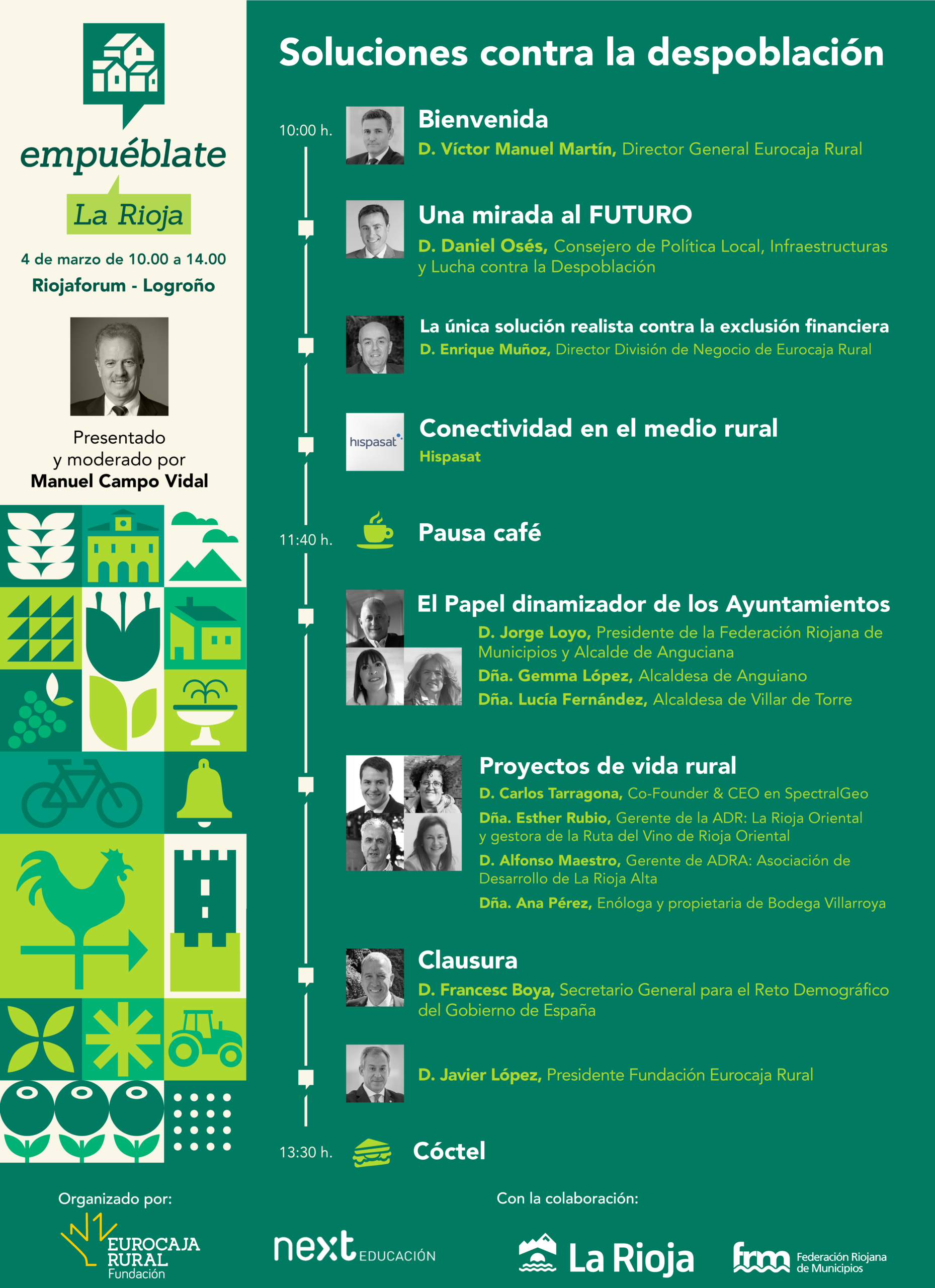 Cartel informativo del evento “Empuéblate La Rioja”, centrado en soluciones contra la despoblación. Incluye el programa con ponencias sobre futuro del medio rural, inclusión financiera, conectividad, el papel de los ayuntamientos y proyectos de vida rural, junto con horarios, pausas y el cierre del acto. En el lateral izquierdo aparecen ilustraciones en tonos verdes que representan elementos del entorno rural. En la parte inferior figuran los logotipos de Fundación Eurocaja Rural, Next Educación, Gobierno de La Rioja y otras entidades colaboradoras