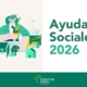 Ilustración de una persona sosteniendo una maceta con una planta, rodeada de elementos que representan el desarrollo social y rural: casas, árboles, corazones, gráficos de crecimiento y paisajes estilizados. En la parte inferior aparece el texto ‘Ayudas Sociales 2026’, acompañado de una estética visual uniforme en tonos verdes y amarillos