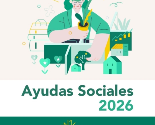 Ilustración de una persona sosteniendo una maceta con una planta, rodeada de elementos que representan el desarrollo social y rural: casas, árboles, corazones, gráficos de crecimiento y paisajes estilizados. En la parte inferior aparece el texto ‘Ayudas Sociales 2026’, acompañado de una estética visual uniforme en tonos verdes y amarillos. En la parte inferior aparece el logotipo de Fundación Eurocaja Rural.