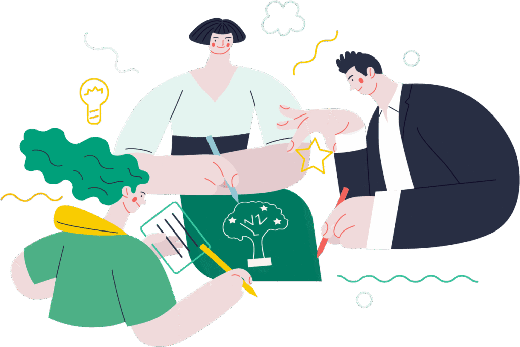 lustración de tres personas colaborando en torno a una mesa mientras dibujan y diseñan elementos relacionados con el desarrollo de un proyecto. Vemos un árbol con estrellas, documentos, ideas representadas por bombillas e iconos creativos. Las figuras aparecen conversando, tomando notas y aportando ideas en un ambiente de trabajo colaborativo y creativo.