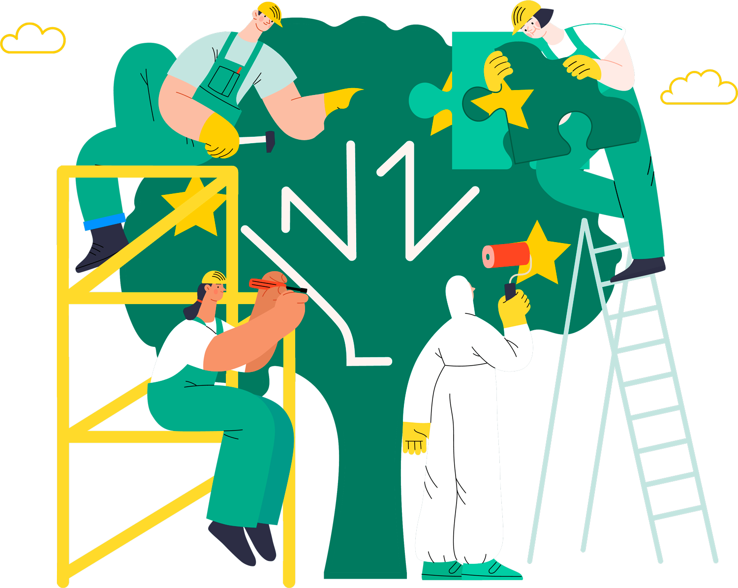 Ilustración de varias personas colaborando alrededor de un gran árbol verde. Una persona en un andamio pinta una estrella, otra encaja una pieza de puzle en forma de hoja, una tercera señala mientras sujeta una herramienta y otra, vestida con un mono blanco, pinta parte del árbol con un rodillo. La escena transmite trabajo en equipo y construcción colectiva