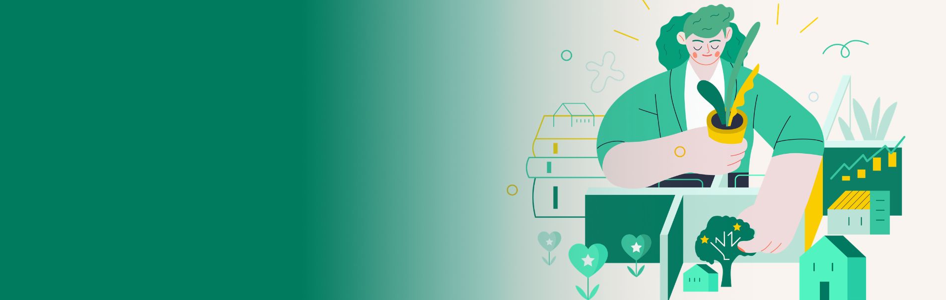 Ilustración de una persona sosteniendo una maceta con una planta mientras, a su alrededor, aparecen elementos gráficos relacionados con el desarrollo rural y la sostenibilidad: casas, árboles, iconos de corazón, gráficos de crecimiento y líneas que simbolizan progreso.