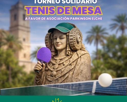 Imagen promocional de un torneo solidario de tenis de mesa, con una escultura de la Dama de Elche sosteniendo una pala frente a un entorno urbano y el mensaje del evento a favor de la Asociación Parkinson Elche.