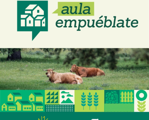 Imagen de Aula Empuéblate con vacas descansando en un prado y elementos gráficos que representan la vida, la agricultura y el desarrollo rural. Logotipos de Fundación Eurocaja Rural y Casa Gutier
