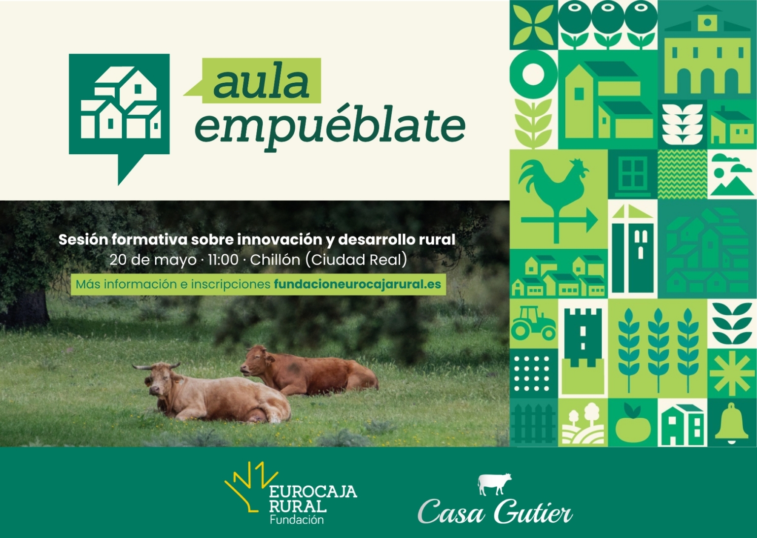 Imagen promocional de Aula Empuéblate con ilustraciones sobre desarrollo rural y una fotografía de ganado en un entorno natural.